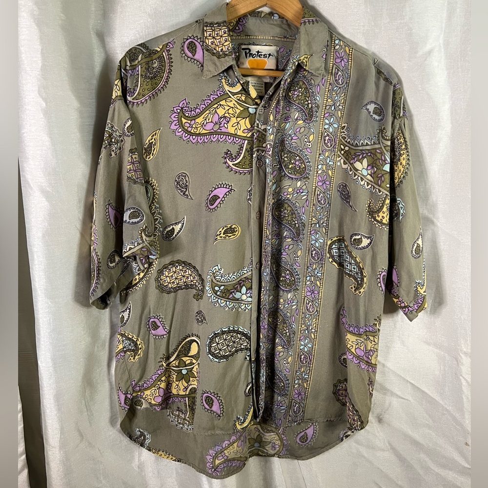 Vintage 90’s Protest Military Green Purple Paisley Print Button Down Blouse Top